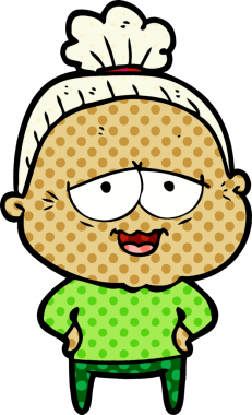 Bir insan tarafından çizilmiş mutlu yaşlı kadın çizgi filmi.