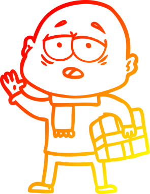 Bir insan tarafından çizilmiş, yorgun, kel bir adamın sıcak çizgi çizimi.