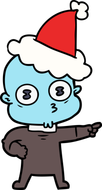 Bir insan tarafından çizilmiş Noel Baba şapkası giyen kel bir uzaylının el çizimi.