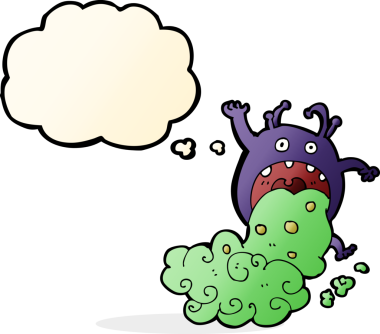 Bir insan tarafından çizilen düşünce baloncuğuyla hasta olan iğrenç bir canavar.