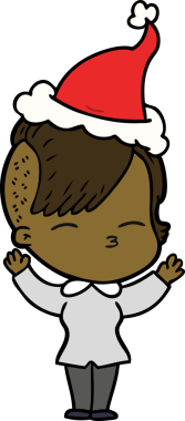 Bir insan tarafından çizilmiş Noel Baba şapkası giyen şaşı bir kızın el çizimi.