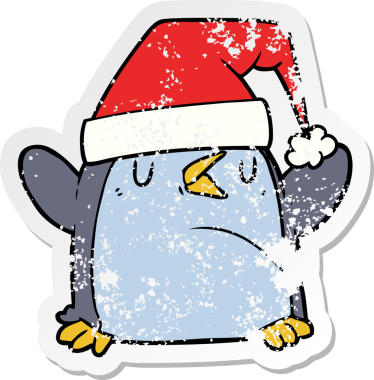 Bir insan tarafından çizilmiş noel şapkası giyen bir penguen karikatürü.