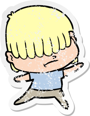 Bir insan tarafından çizilmiş dağınık saçlı bir çizgi film çocuğunun sıkıntılı çıkartması.