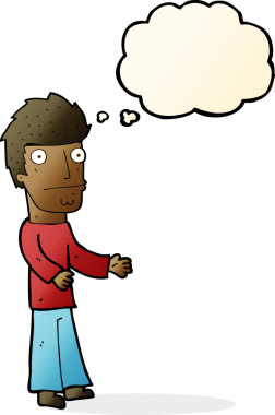 Bir insan tarafından çizilmiş düşünce baloncuğu olan kafası karışmış bir adam.