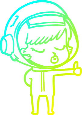 Bir çizgi film karakteri çizen soğuk gradyan güzel astronot kız bir insan tarafından başparmak kaldırıyor.