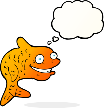 Bir insan tarafından çizilmiş düşünce balonlu mutlu balık çizgi filmi.