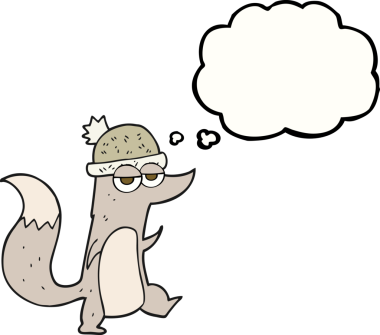 El yazısıyla çizilmiş düşünce balonu karikatürü küçük kurt bir insan tarafından çizilmiş şapka.