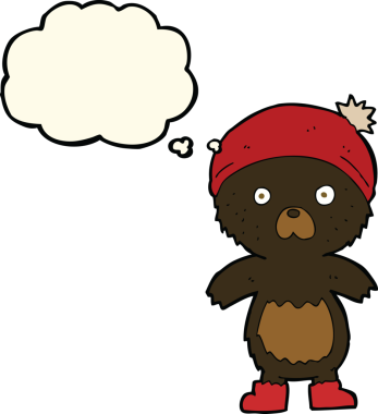 Bir insan tarafından çizilmiş düşünce baloncuklu şirin oyuncak ayı.