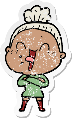 Bir insan tarafından çizilmiş mutlu, yaşlı bir kadının sıkıntılı çıkartması.