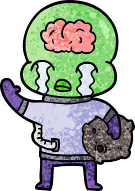 Çizgi film büyük beyin uzaylıları ağlıyor ve bir insan tarafından çekilen el sallıyor.