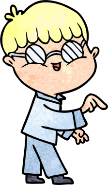 Bir insan tarafından çizilmiş gözlük takan çizgi film çocuğu.