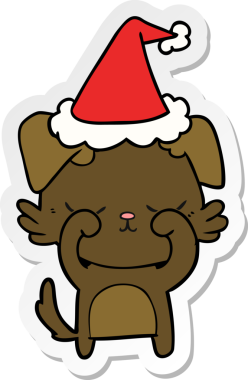 Bir insan tarafından çizilmiş Noel Baba şapkası takan bir köpeğin çizdiği el yazısı.