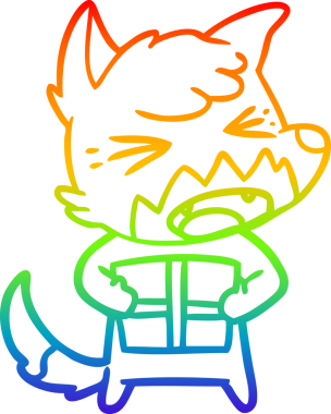 Gökkuşağı gradyan çizgisi kızgın bir tilki çizgi filmi ve bir insan tarafından çizilmiş noel hediyesi.