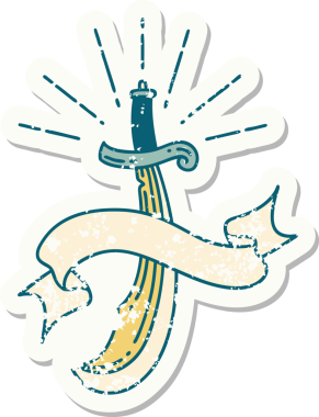 Bir insanın çizdiği kılıç dövmesi stili eski bir çıkartma.