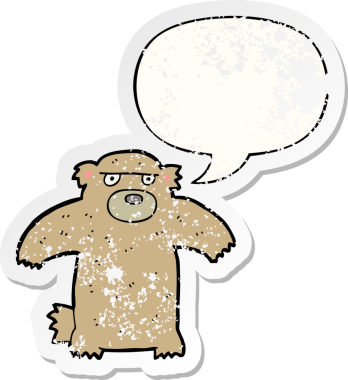 Konuşma baloncuğu olan çizgi film ayısı bir insan tarafından çizilmiş sıkıntılı eski bir çıkartma