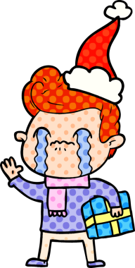 Bir insanın çizdiği Noel Baba şapkasıyla ağlayan bir adamın el çizimi çizgi roman tasviri.