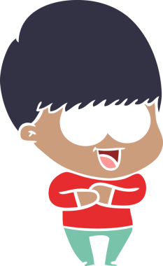 Bir insan tarafından çizilmiş mutlu düz renkli çizgi film çocuğu.