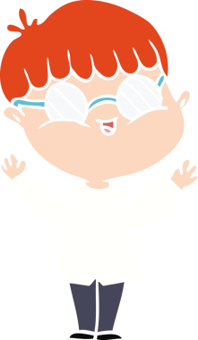 Bir insan tarafından çizilmiş gözlük takan düz renkli çizgi film çocuğu.