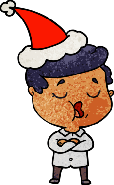 Bir insanın çizdiği Noel Baba şapkasıyla konuşan bir adamın el çizimi karikatürü.