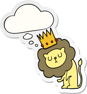 Düşünce baloncuklu taçlı çizgi film aslanı insan tarafından çizilmiş bir çıkartma.