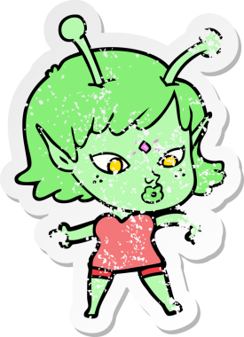 Bir insan tarafından çizilmiş güzel uzaylı bir kızın sıkıntılı çıkartması.