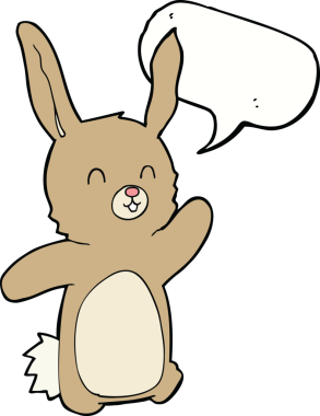 Bir insan tarafından çizilmiş konuşma balonlu mutlu tavşan çizgi filmi.