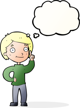 Bir insan tarafından çizilmiş düşünce baloncuğu fikri olan çizgi film çocuğu.