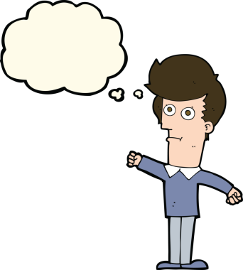 Bir insan tarafından çizilmiş düşünce baloncuğuyla yumruk atan çizgi film adamı.