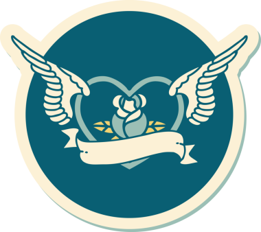 Geleneksel bir dövme stili. Uçan kalp. Çiçekler ve bir insan tarafından çizilmiş bayrak.