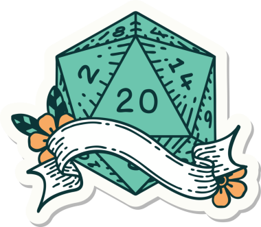 Bir insan tarafından çizilmiş 20 D20 zarının çıkartması.