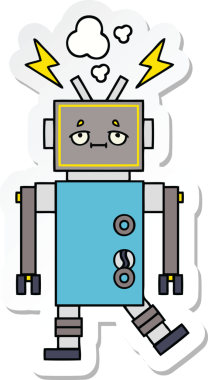 Bir insan tarafından çizilmiş arızalı sevimli bir robot karikatürü çıkartması.