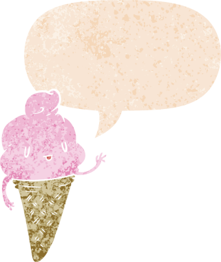 Bir insan tarafından çizilmiş grunge sıkıntılı retro tarzı konuşma baloncuklu tatlı çizgi film dondurması.