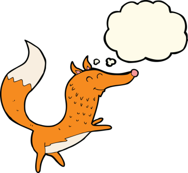 Bir insan tarafından çizilmiş düşünce balonlu mutlu tilki çizgi filmi.