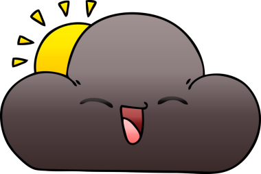 Değişken gölgeli çizgi film güneşi ve bir insan tarafından çizilen mutlu fırtına bulutu.