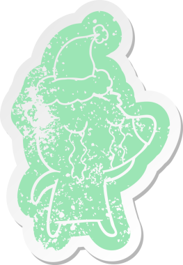 Bir insan tarafından çizilmiş Noel Baba şapkası takan ağlayan bir ayının hüzünlü çizgi filmi.