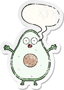 Konuşma baloncuklu çizgi film avokadosu bir insan tarafından çizilmiş sıkıntılı eski bir çıkartma.