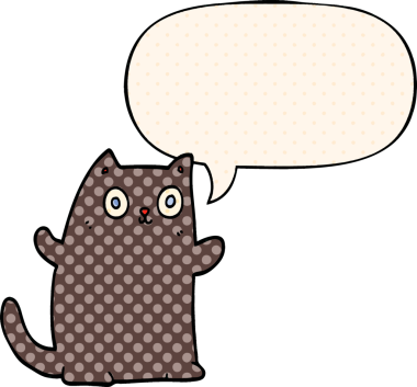 Çizgi roman tarzında konuşma balonu olan çizgi film kedisi bir insan tarafından çizildi.