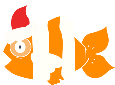 Bir insan tarafından çizilmiş Noel Baba şapkası takan egzotik bir balığın el resmi.