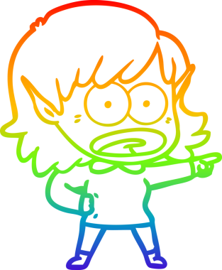 Karikatür çizen gökkuşağı gradyanı bir insan tarafından çizilmiş elf kızı şok etti.