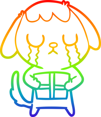 Gökkuşağı gradyan çizimi. Bir insan tarafından çizilmiş Noel hediyeli şirin bir çizgi köpek çizimi.