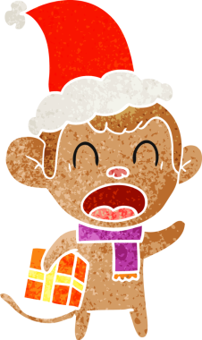 Noel hediyesi taşıyan bir maymunun insan tarafından çizilmiş Noel Baba şapkası giydiği el çizimi bir çizgi film.