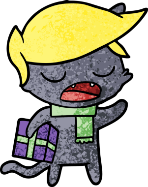 Bir insan tarafından çizilmiş peruklu ve hediyeli konuşan kedi çizgi filmi.