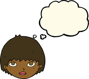 Bir insan tarafından çizilmiş düşünce balonuyla bakan çizgi film kızı.