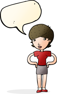 Bir insan tarafından çizilmiş konuşma balonlu elleri olan çizgi film kadını.