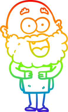 Gökkuşağı gradyanı çizimi. Çizgi film karakteri. Bir insan tarafından çizilmiş sakallı, mutlu, çılgın bir adam.