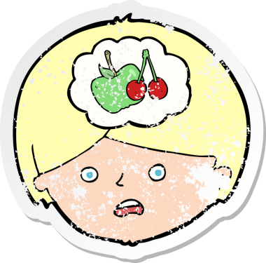 Bir insan tarafından çizilmiş sağlıklı beslenmeyi düşünen bir çizgi film karakterinin gerilemiş retro yapıştırması.