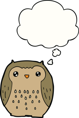 Bir insan tarafından çizilmiş düşünce baloncuğu olan sevimli çizgi film baykuşu.