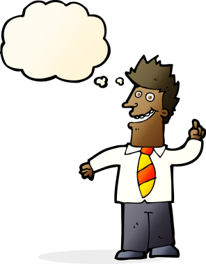 Bir insan tarafından çizilmiş düşünce baloncuğu ile iyi bir fikri olan çizgi film adamı.