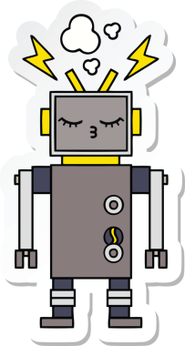 Bir insan tarafından çizilmiş arızalı sevimli bir robot karikatürü çıkartması.
