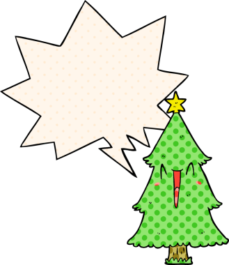 Bir insan tarafından çizilmiş çizgi roman tarzında konuşma baloncuğu olan bir noel ağacı.